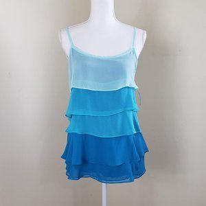 New York & Company Three Toned Sleeveless Tiered Ruffle Cami Top Blue Size Small